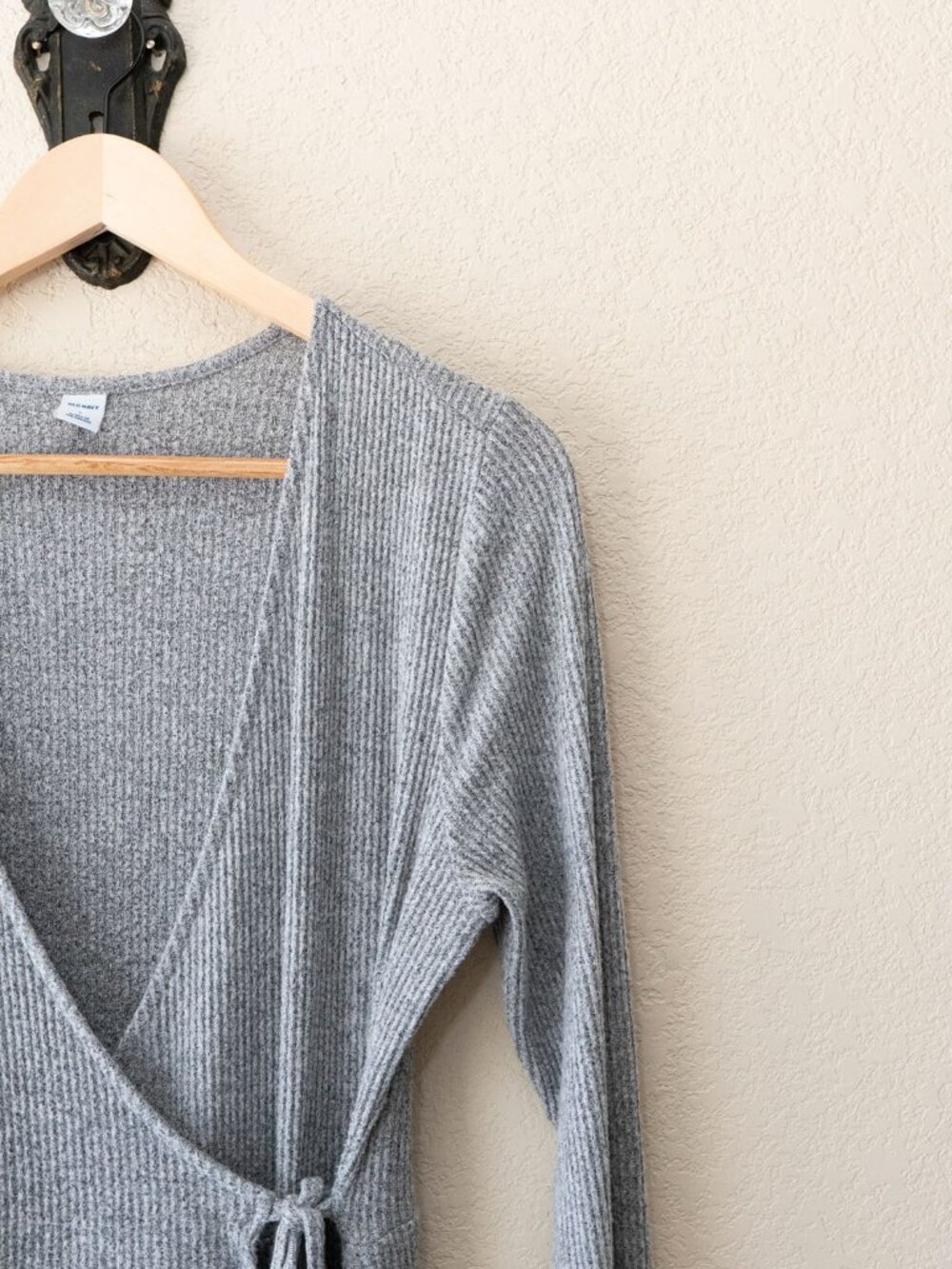 Old Navy Womens L Gray Ribbed Knit Wrap Dress Long Sleeve V Neck Tie Waist - Picture 6 of 16